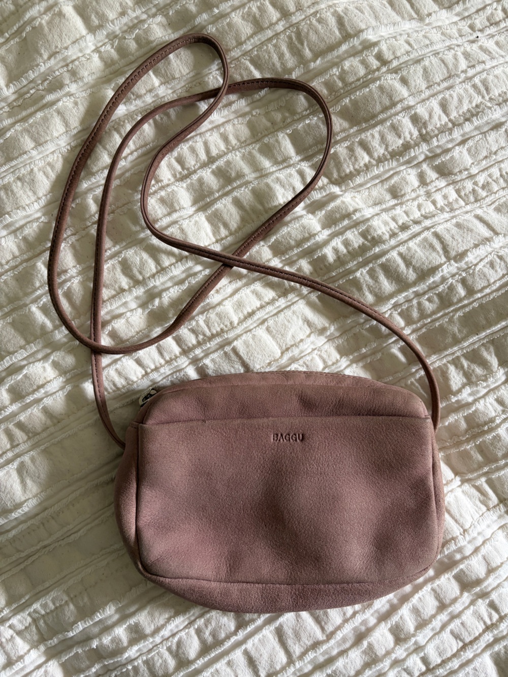 BAGGU Mauve Tan Natural Suede Mini Crossbody Bag
